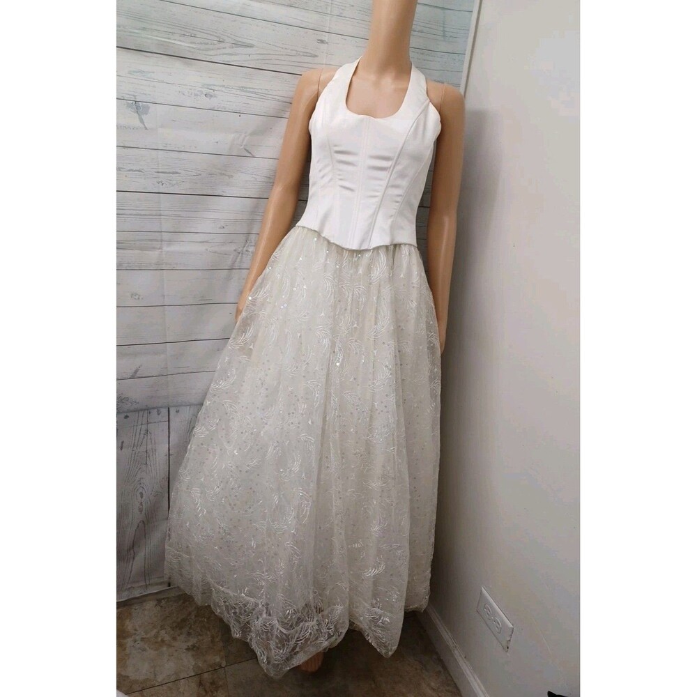 Vtg Jessica McClintock Bridal Ivory Halter Maxi Dress Sz 4 Wedding Prom Sequined